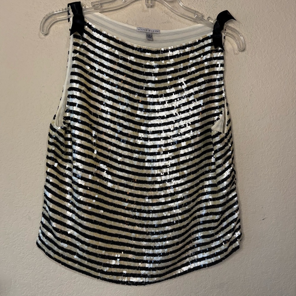 Anne Klein Black and Silver Sequin Striped Blouse